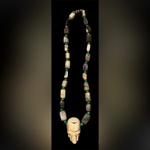 Handmade Stone bead and carved bone skull necklace, 16”